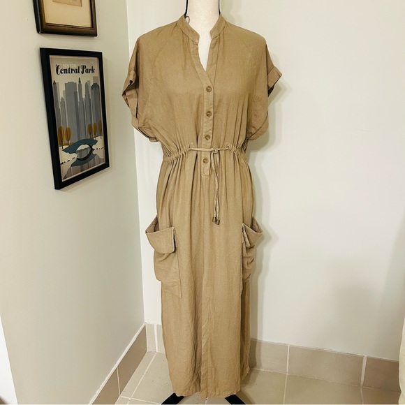 Zara Tan Linen Midi Dress with Dolman Sleeves and Mandarin Collar - Picture 1 of 8